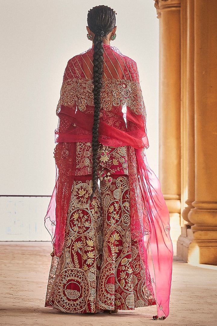 Red & Hot Pink Tulle Gota Work Gharara Set by Megha Bansal at Pernia's Pop Up Shop