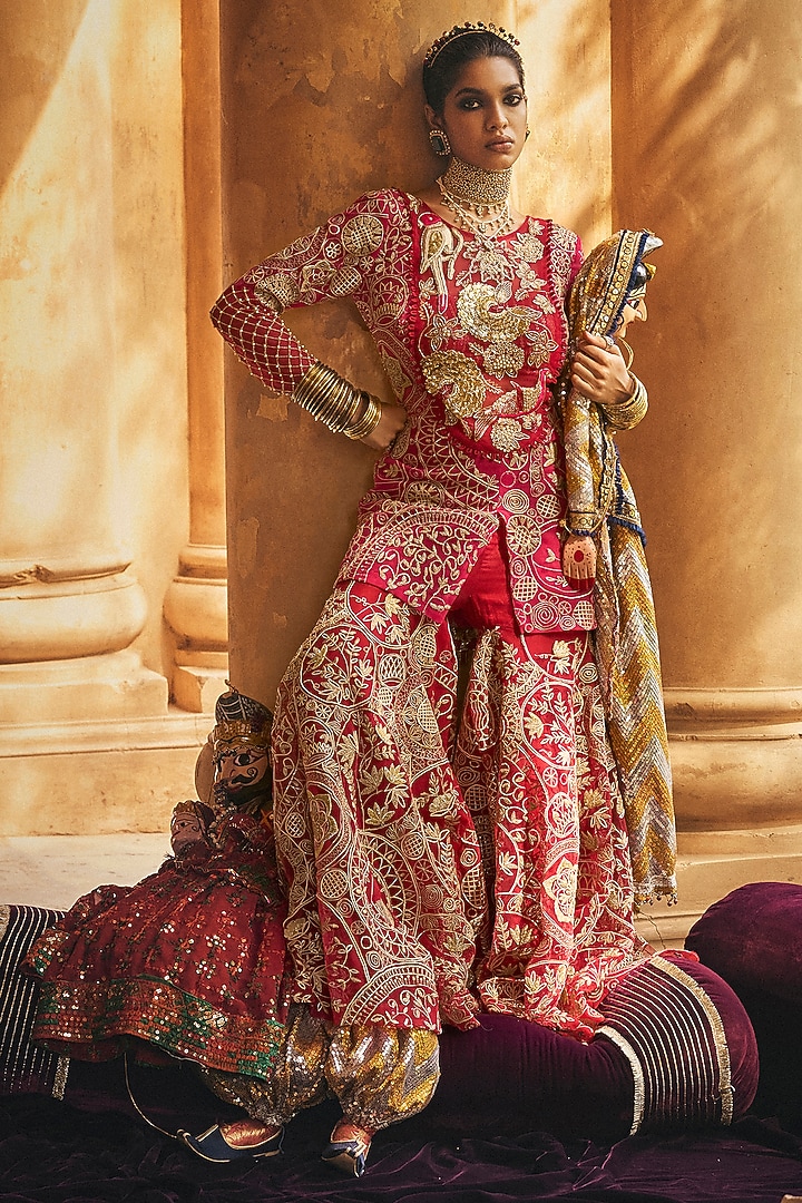 Red & Hot Pink Tulle Gota Work Gharara Set by Megha Bansal at Pernia's Pop Up Shop