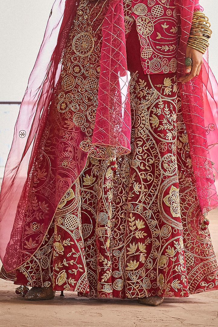 Red & Hot Pink Tulle Gota Work Gharara Set by Megha Bansal at Pernia's Pop Up Shop