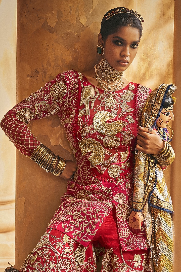 Red & Hot Pink Tulle Gota Work Gharara Set by Megha Bansal at Pernia's Pop Up Shop