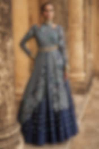 Navy Blue Chiffon Hand Embroidered Skirt Set by Megha Bansal at Pernia's Pop Up Shop