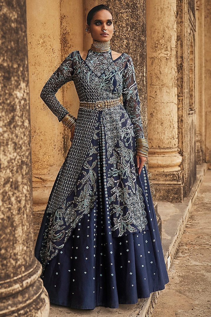 Navy Blue Chiffon Hand Embroidered Skirt Set by Megha Bansal at Pernia's Pop Up Shop
