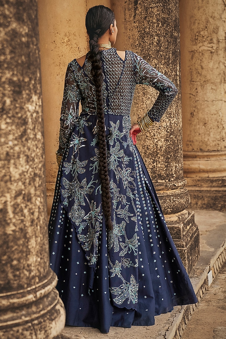 Navy Blue Chiffon Hand Embroidered Skirt Set by Megha Bansal at Pernia's Pop Up Shop