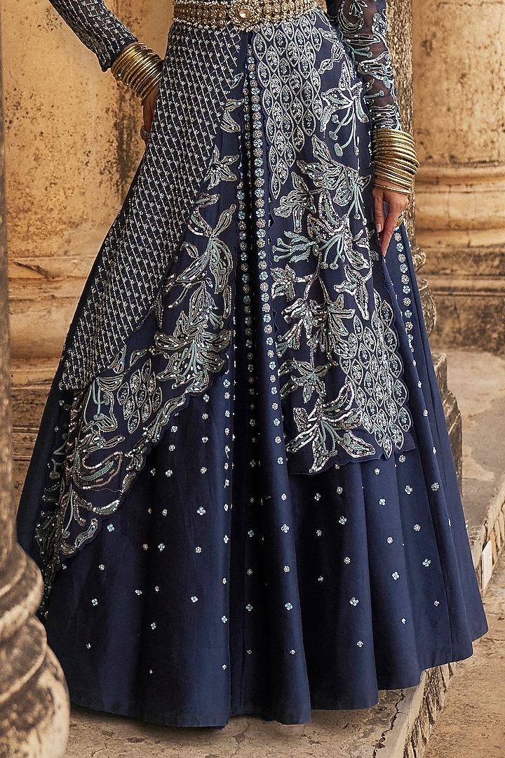 Navy Blue Chiffon Hand Embroidered Skirt Set by Megha Bansal at Pernia's Pop Up Shop