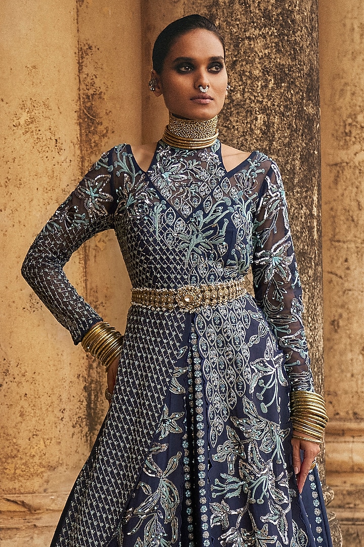 Navy Blue Chiffon Hand Embroidered Skirt Set by Megha Bansal at Pernia's Pop Up Shop