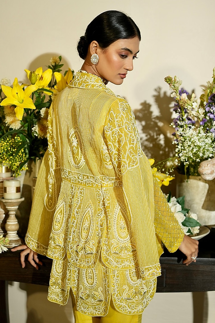 Lime Silk Chanderi Hand Embellished Jacket Set by Megha Bansal at Pernia's Pop Up Shop