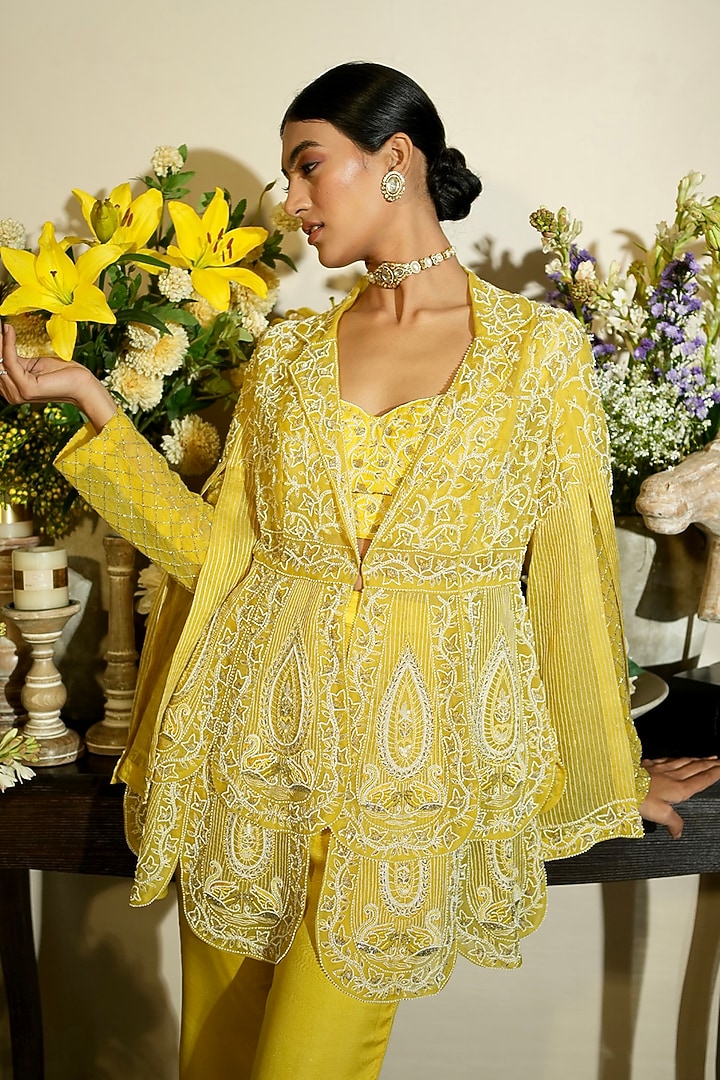 Lime Silk Chanderi Hand Embellished Jacket Set by Megha Bansal at Pernia's Pop Up Shop