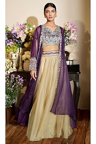 Almond-Colored Silk Organza Sharara Set by Megha Bansal