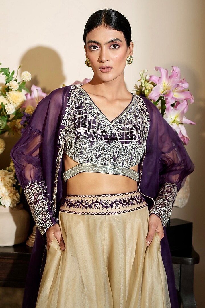 Almond-Colored Silk Organza Wedding Sharara Set by Megha Bansal at Pernia's Pop Up Shop
