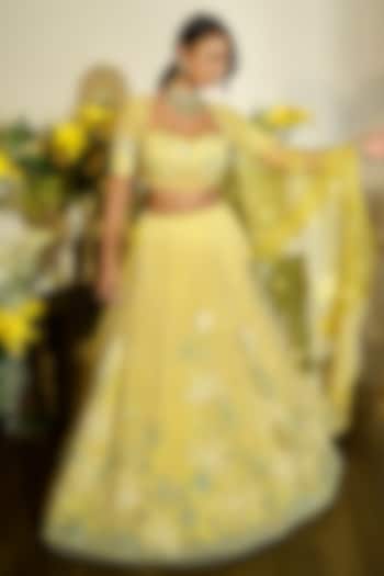 Lime Tulle & Silk Organza Applique Work Bridal lehenga for 22 Lehenga Set by Megha Bansal at Pernia's Pop Up Shop