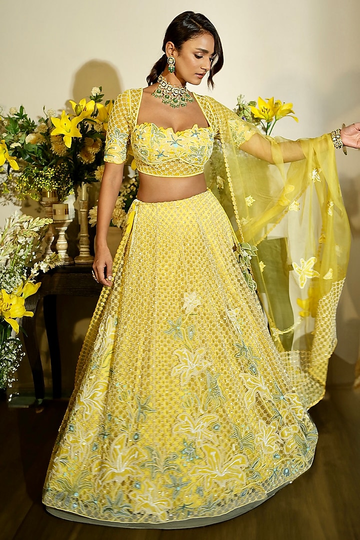 Lime Tulle & Silk Organza Applique Work Bridal lehenga for 22 Lehenga Set by Megha Bansal at Pernia's Pop Up Shop