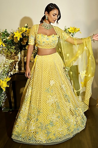 Lime Tulle & Silk Organza Applique Work Lehenga Set by Megha Bansal