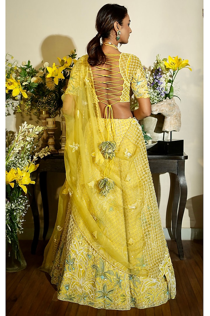 Lime Tulle & Silk Organza Applique Work Bridal Lehenga Set by Megha Bansal at Pernia's Pop Up Shop