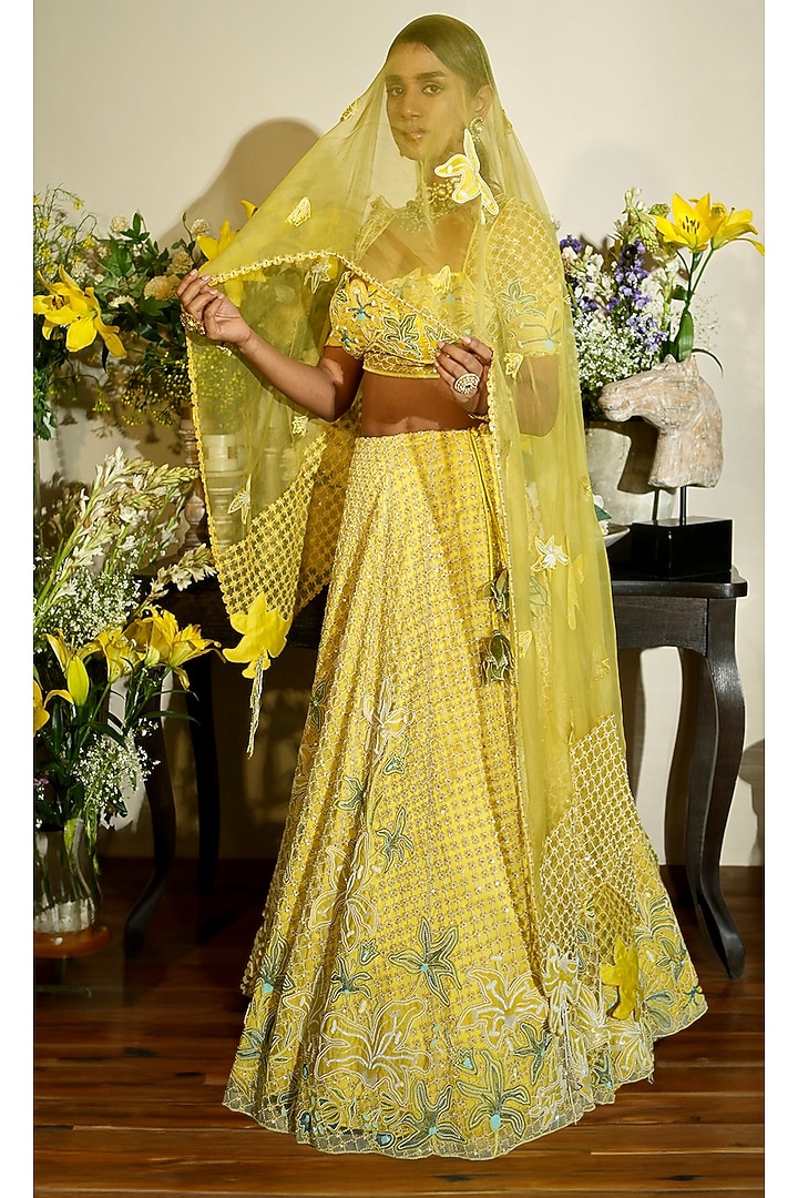 Lime Tulle & Silk Organza Applique Work Bridal Lehenga Set by Megha Bansal at Pernia's Pop Up Shop