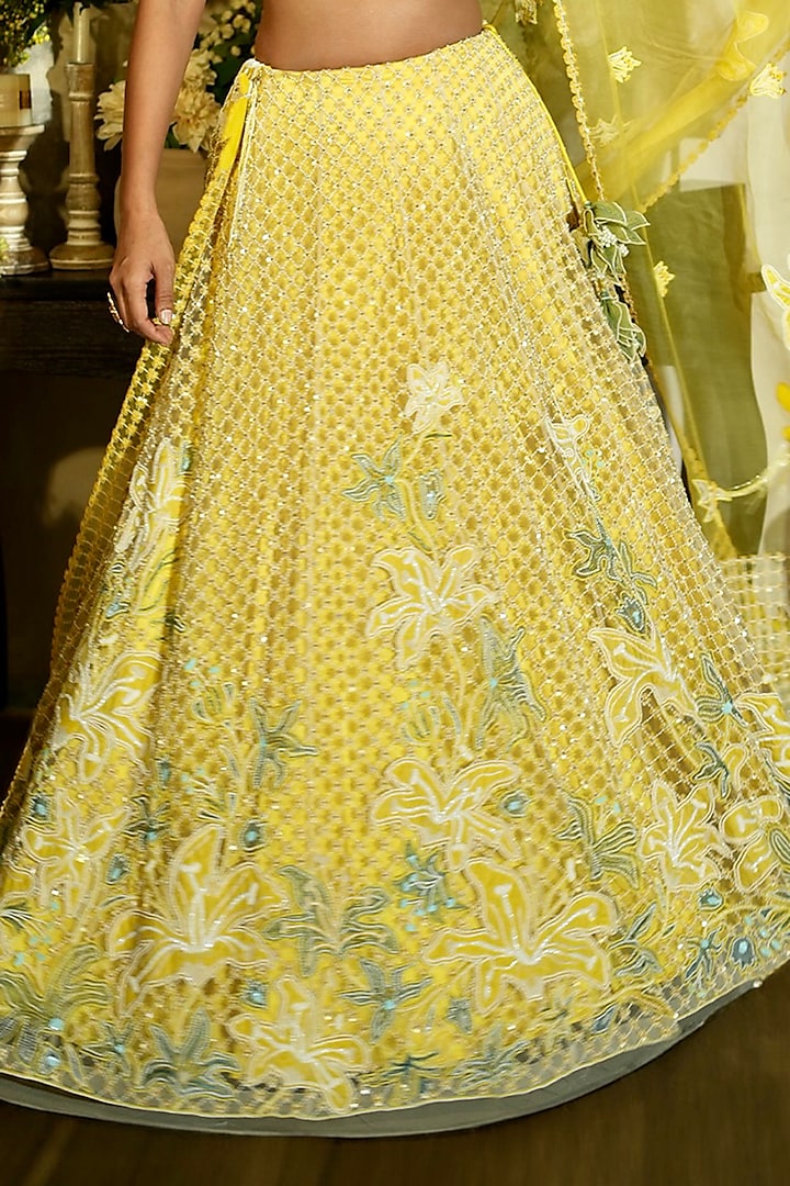 Lime Tulle & Silk Organza Applique Work Bridal Lehenga Set by Megha Bansal at Pernia's Pop Up Shop