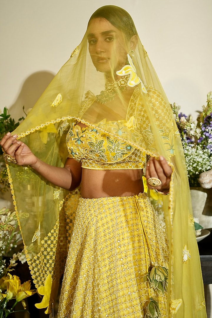 Lime Tulle & Silk Organza Applique Work Bridal Lehenga Set by Megha Bansal at Pernia's Pop Up Shop