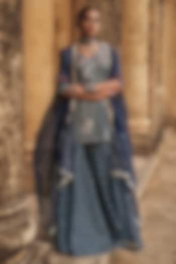 Navy Blue Silk Organza Applique Embroidered Gharara Set by Megha Bansal at Pernia's Pop Up Shop