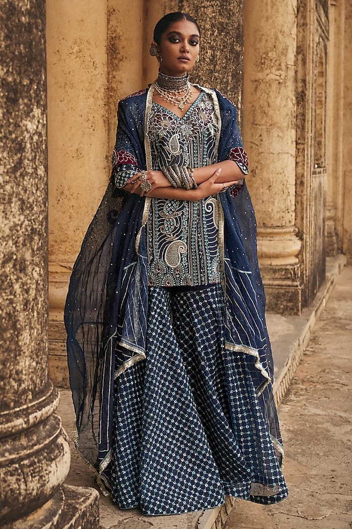 Navy Blue Silk Organza Applique Embroidered Gharara Set by Megha Bansal at Pernia's Pop Up Shop