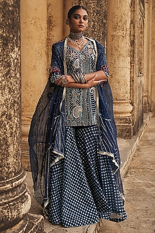 Navy Blue Silk Organza Applique Embroidered Gharara Set by Megha Bansal