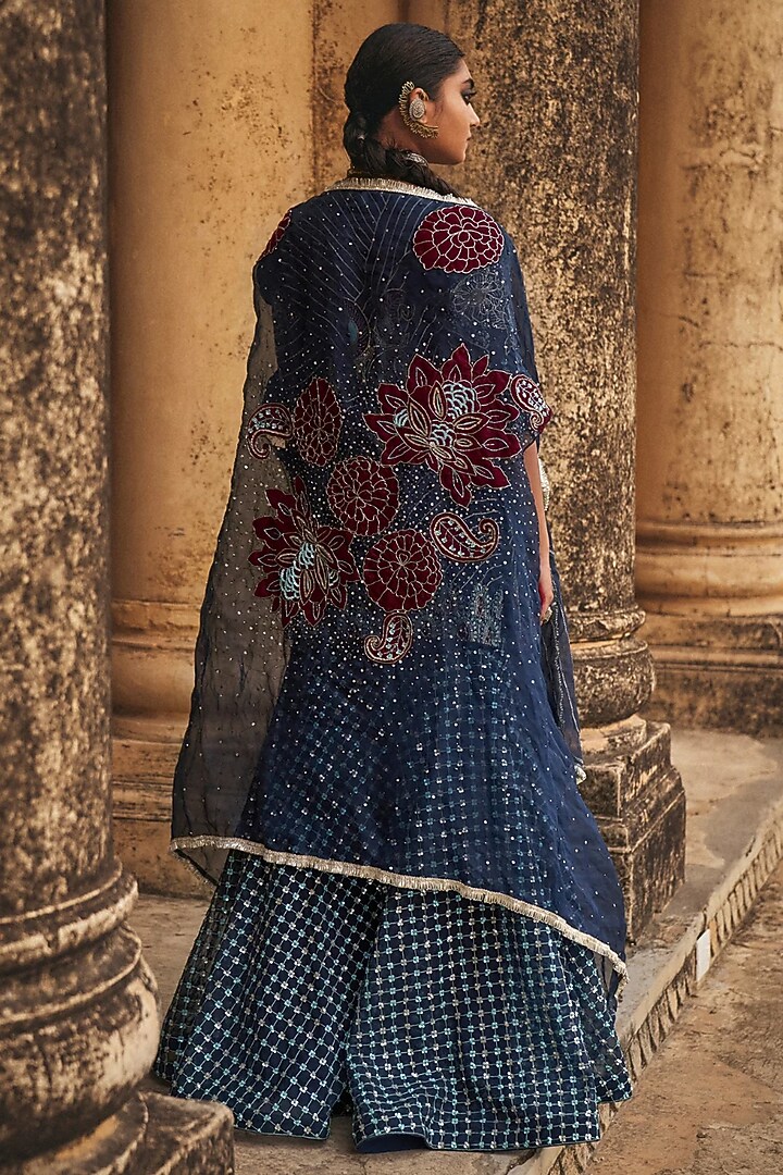 Navy Blue Silk Organza Applique Embroidered Gharara Set by Megha Bansal at Pernia's Pop Up Shop