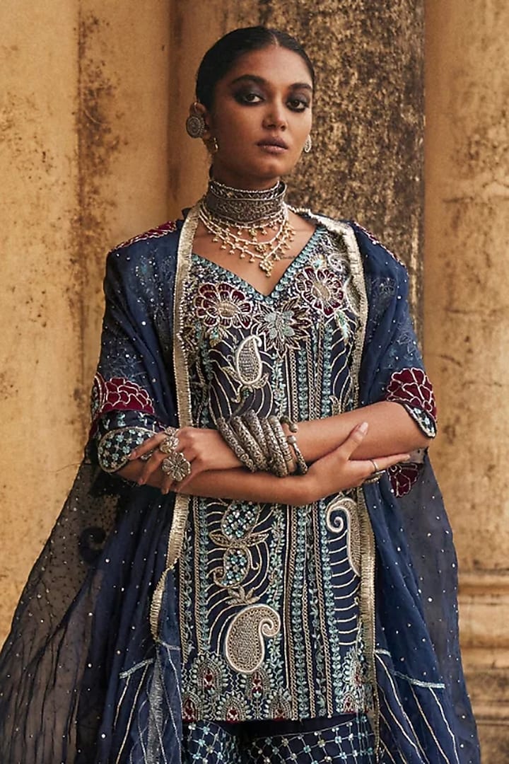 Navy Blue Silk Organza Applique Embroidered Gharara Set by Megha Bansal at Pernia's Pop Up Shop