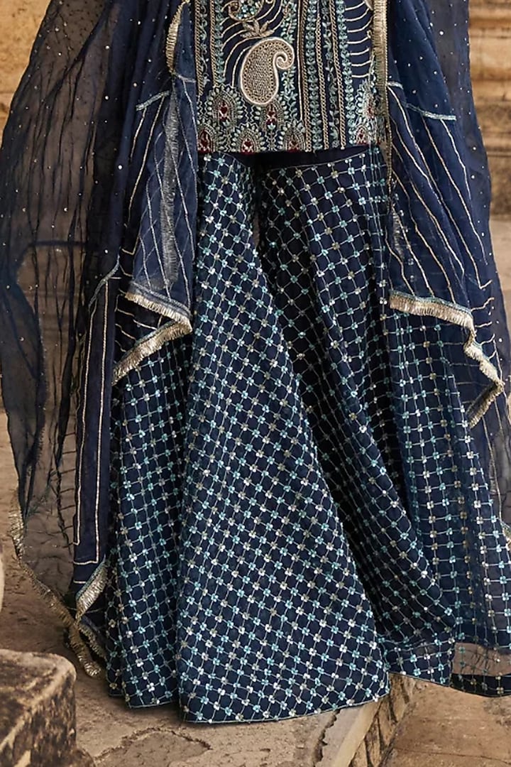 Navy Blue Silk Organza Applique Embroidered Gharara Set by Megha Bansal at Pernia's Pop Up Shop