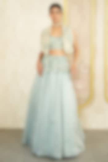 Sky Blue Satin Silk Organza Floral Embroidered Jacket  dulhan bday 22 may Lehenga Set by Megha Bansal at Pernia's Pop Up Shop