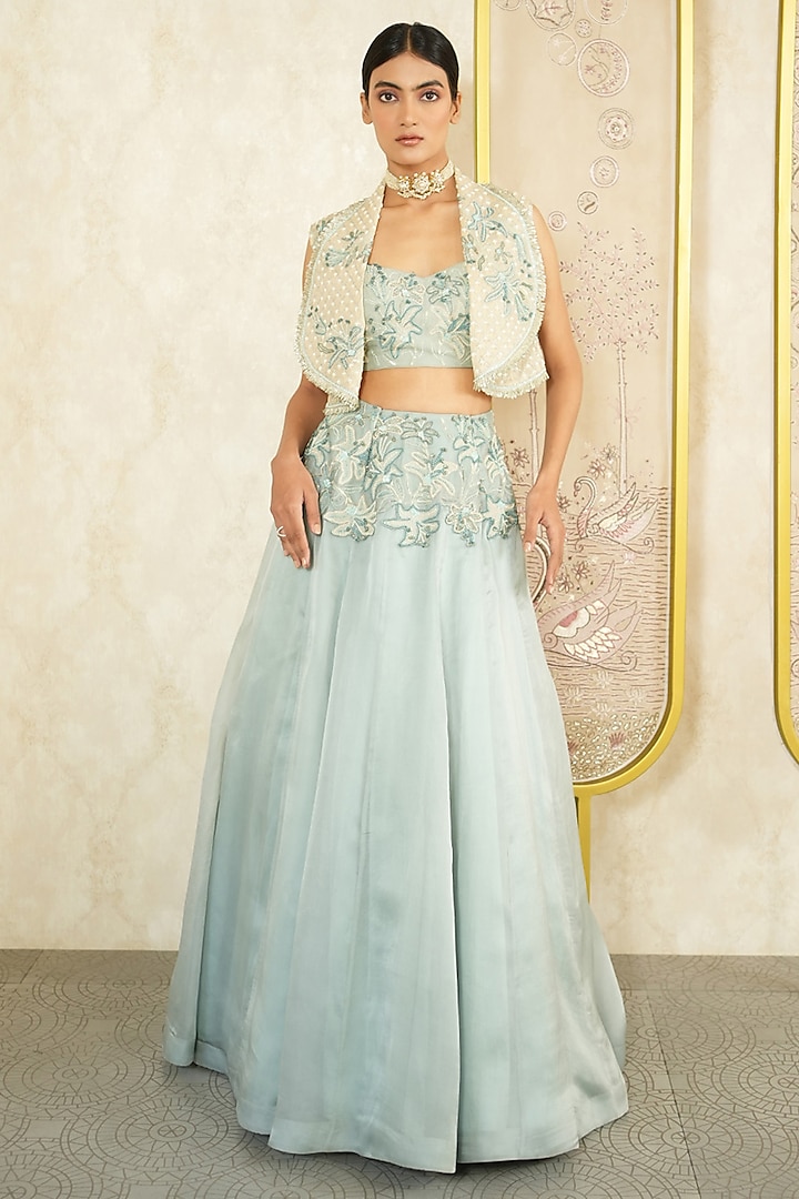 Sky Blue Satin Silk Organza Floral Embroidered Jacket  dulhan bday 22 may Lehenga Set by Megha Bansal at Pernia's Pop Up Shop