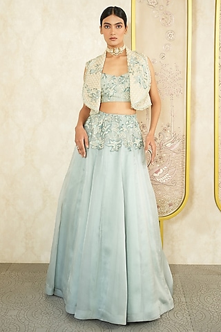 Sky Blue Satin Silk Organza Floral Embroidered Jacket Lehenga Set by Megha Bansal