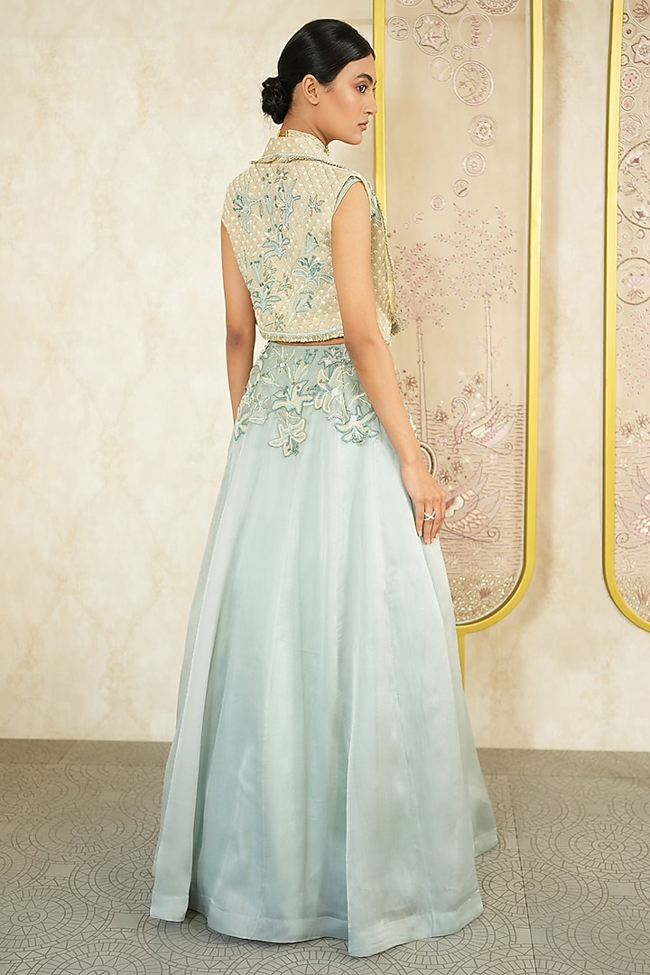 Sky Blue Satin Silk Organza Floral Embroidered Jacket Wedding Lehenga Set by Megha Bansal at Pernia's Pop Up Shop