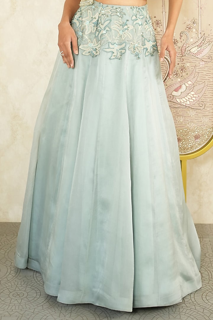 Sky Blue Satin Silk Organza Floral Embroidered Jacket Wedding Lehenga Set by Megha Bansal at Pernia's Pop Up Shop