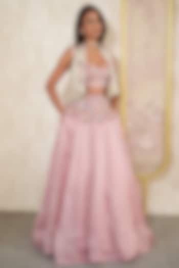 Blush Pink Satin Silk Organza Floral Embroidered Jacket  dulhan bday 22 may Lehenga Set by Megha Bansal at Pernia's Pop Up Shop