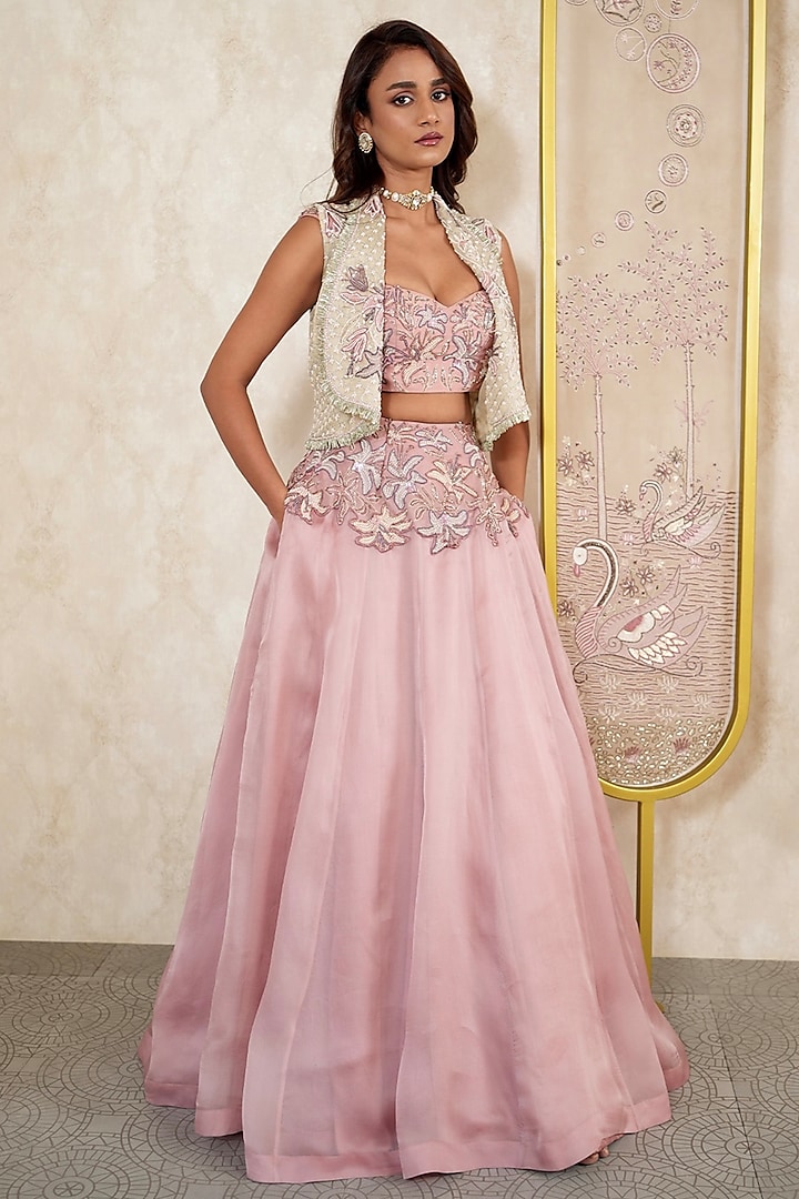 Blush Pink Satin Silk Organza Floral Embroidered Jacket  dulhan bday 22 may Lehenga Set by Megha Bansal at Pernia's Pop Up Shop