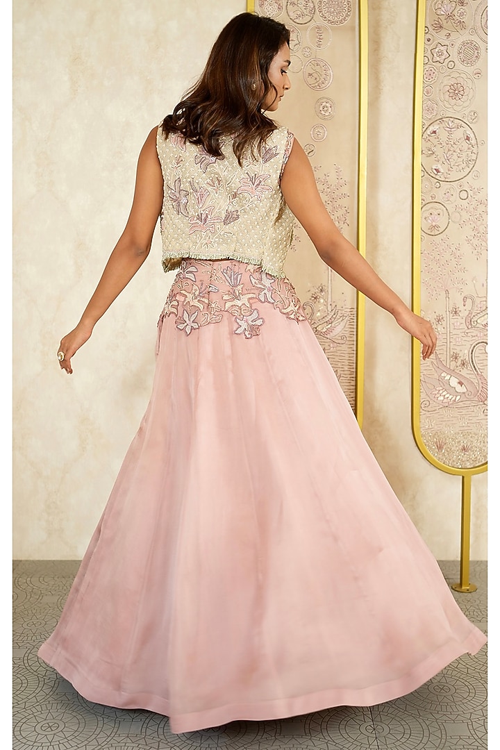 Blush Pink Satin Silk Organza Floral Embroidered Jacket Wedding Lehenga Set by Megha Bansal at Pernia's Pop Up Shop