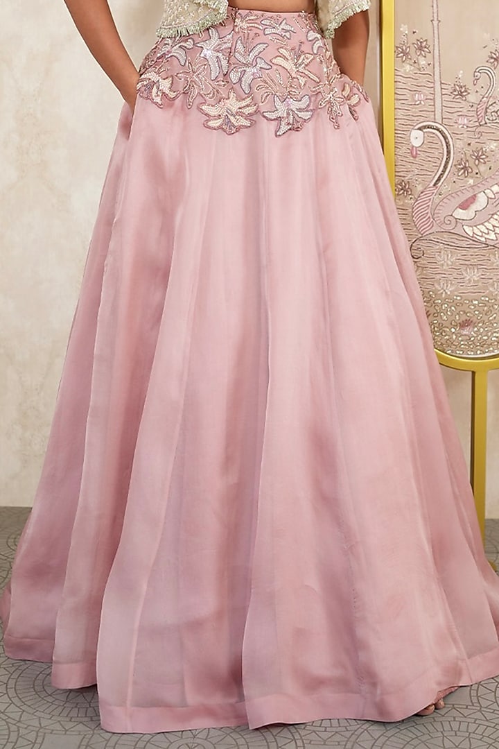 Blush Pink Satin Silk Organza Floral Embroidered Jacket Wedding Lehenga Set by Megha Bansal at Pernia's Pop Up Shop