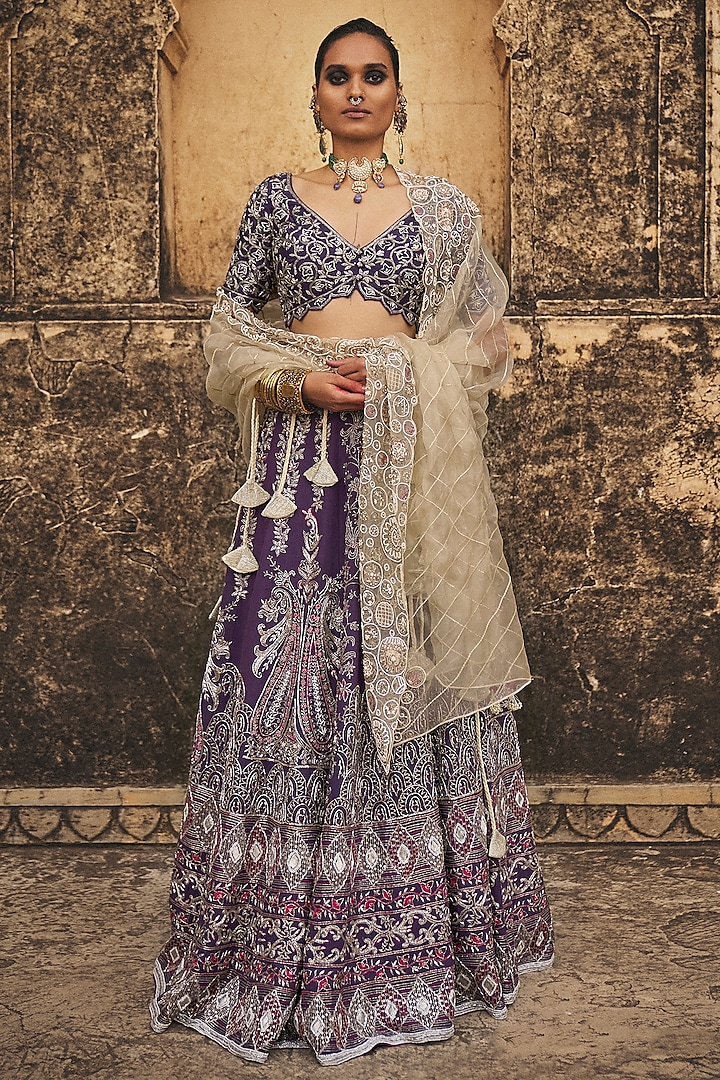 Purple Matka Silk Floral Hand Embroidered Bridal lehenga for 22 Lehenga Set by Megha Bansal at Pernia's Pop Up Shop