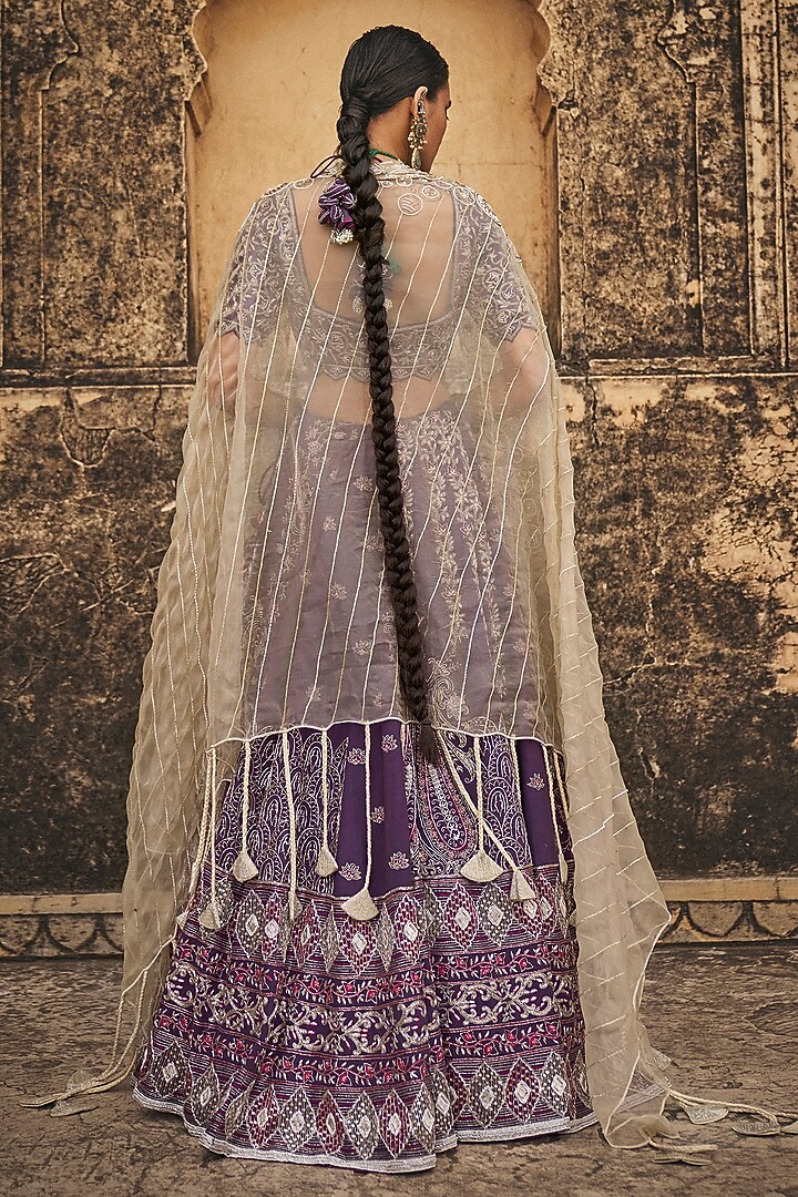 Purple Matka Silk Floral Hand Embroidered Bridal Lehenga Set by Megha Bansal at Pernia's Pop Up Shop