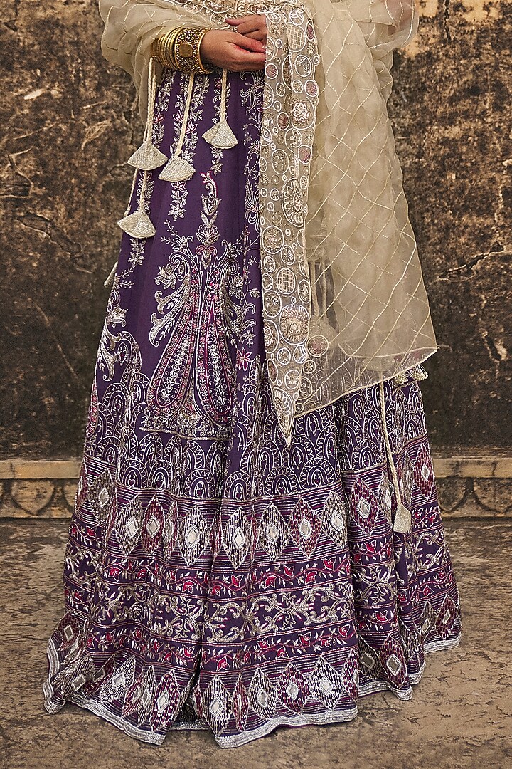 Purple Matka Silk Floral Hand Embroidered Bridal Lehenga Set by Megha Bansal at Pernia's Pop Up Shop