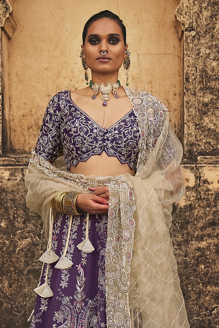 Purple Matka Silk Floral Hand Embroidered Bridal Lehenga Set by Megha Bansal at Pernia's Pop Up Shop