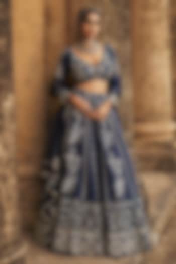 Navy Blue Silk Chanderi & Silk Organza Floral Embroidered Bridal lehenga for 22 Lehenga Set by Megha Bansal at Pernia's Pop Up Shop