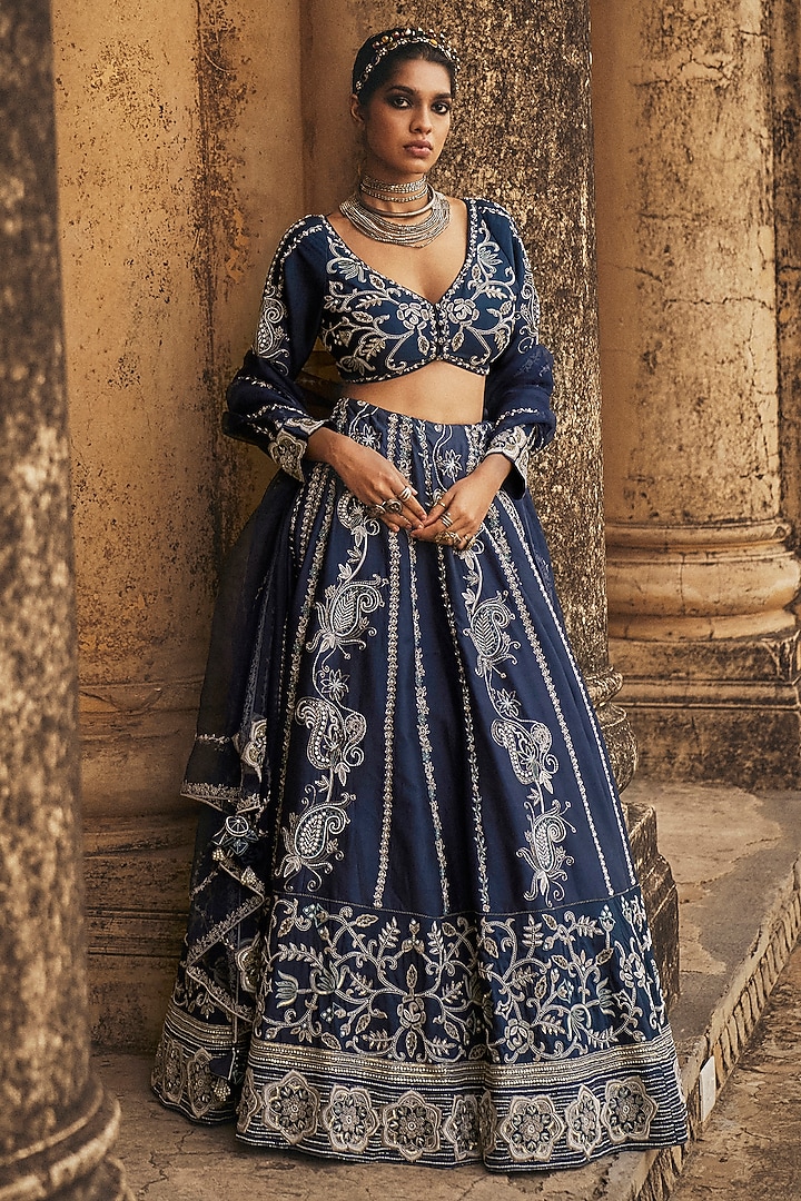 Navy Blue Silk Chanderi & Silk Organza Floral Embroidered Bridal lehenga for 22 Lehenga Set by Megha Bansal at Pernia's Pop Up Shop