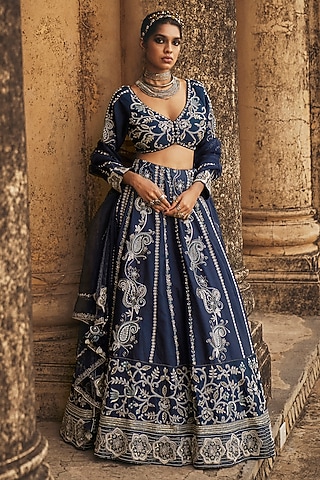 Navy Blue Silk Chanderi & Silk Organza Floral Embroidered Lehenga Set by Megha Bansal
