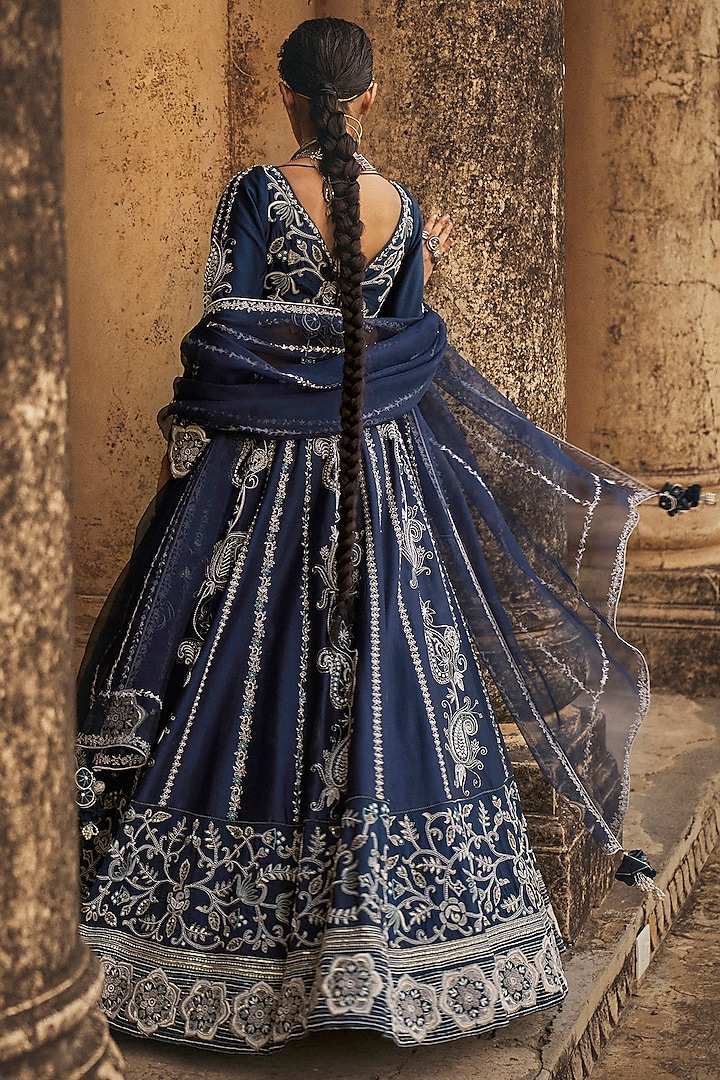 Navy Blue Silk Chanderi & Silk Organza Floral Embroidered Bridal Lehenga Set by Megha Bansal at Pernia's Pop Up Shop
