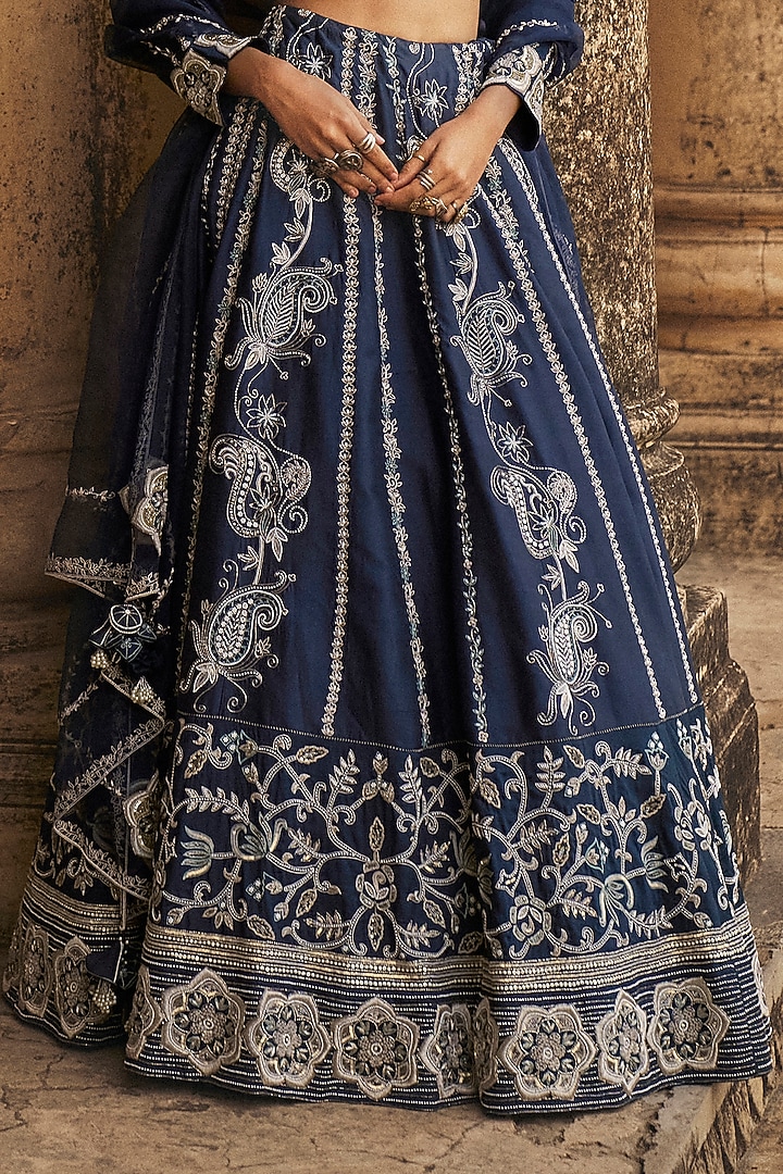 Navy Blue Silk Chanderi & Silk Organza Floral Embroidered Bridal Lehenga Set by Megha Bansal at Pernia's Pop Up Shop