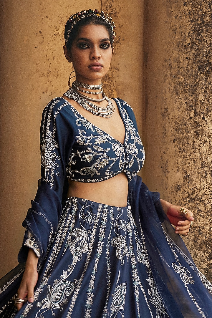 Navy Blue Silk Chanderi & Silk Organza Floral Embroidered Bridal Lehenga Set by Megha Bansal at Pernia's Pop Up Shop