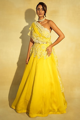 Lime Silk Organza Hand Embroidered Lehenga Set by Megha Bansal