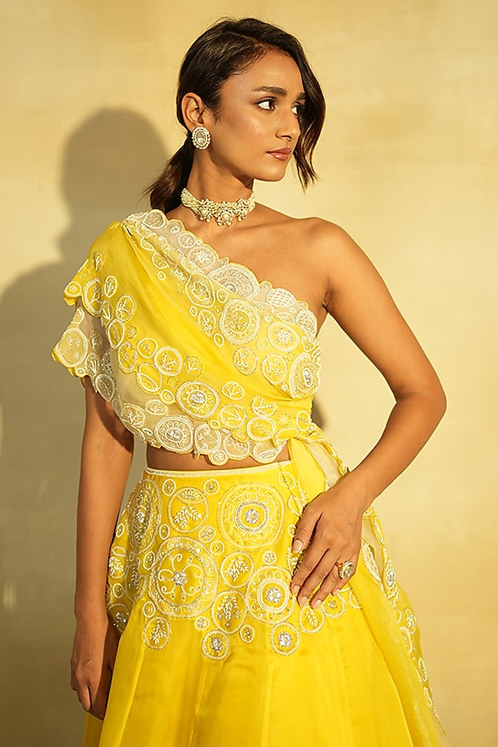 Lime Silk Organza Hand Embroidered Wedding Lehenga Set by Megha Bansal at Pernia's Pop Up Shop
