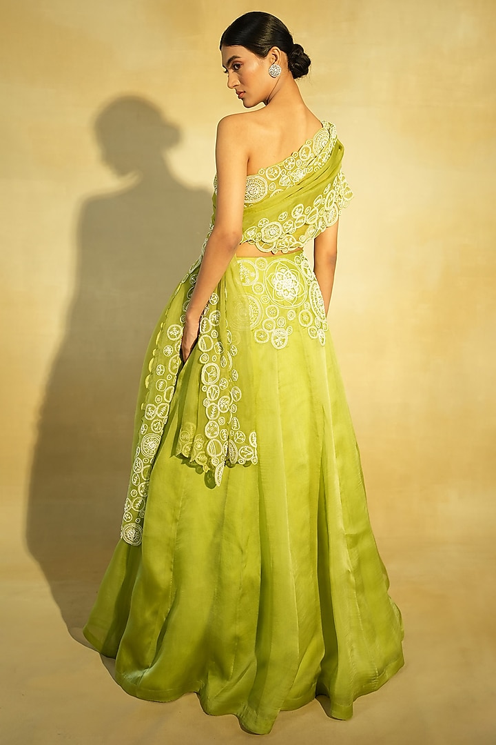 Parrot Green Silk Organza Hand Embroidered Wedding Lehenga Set by Megha Bansal at Pernia's Pop Up Shop