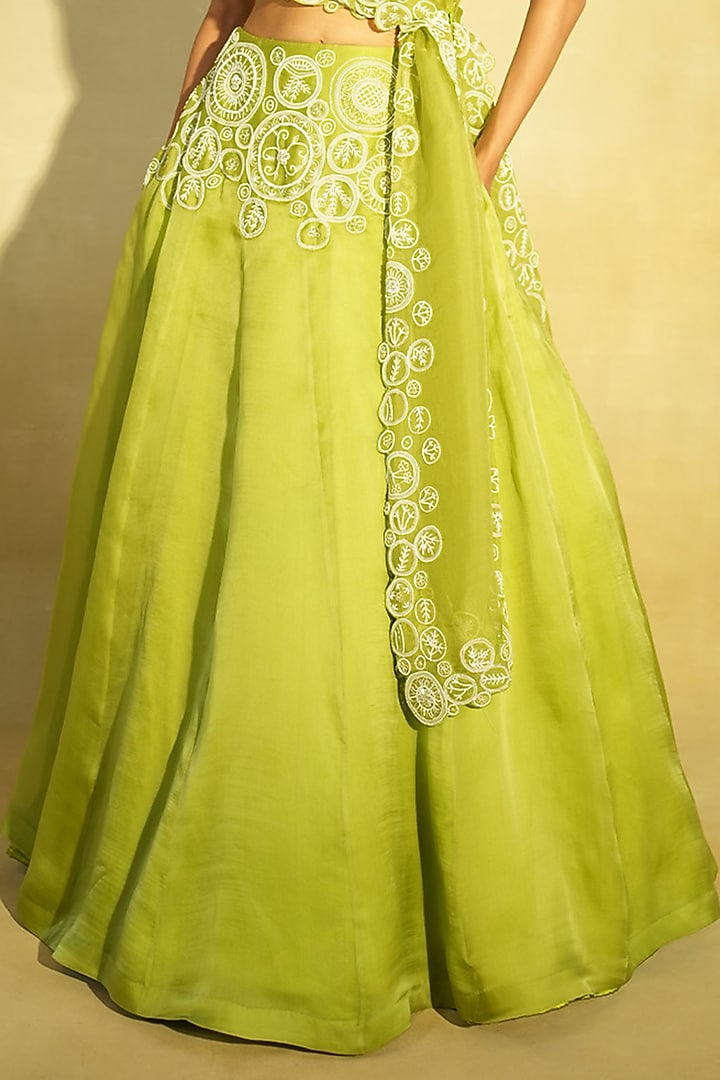 Parrot Green Silk Organza Hand Embroidered Wedding Lehenga Set by Megha Bansal at Pernia's Pop Up Shop