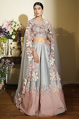 Lavender & Blush Pink Silk Organza Thread Hand Embroidered Lehenga Set by Megha Bansal